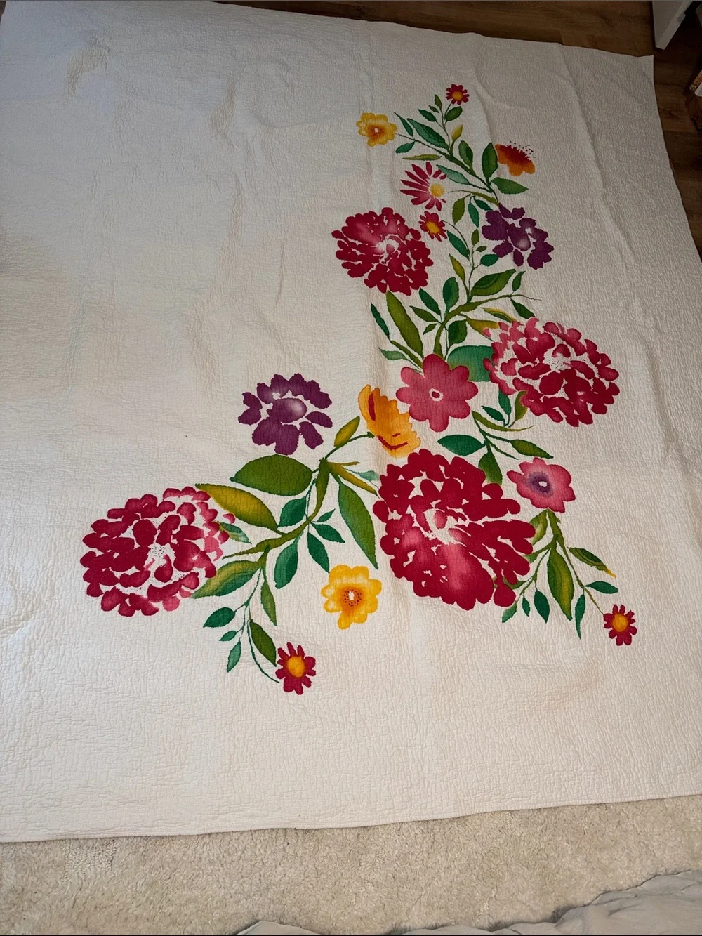 White Floral Quilted Bedspread with Pink & Green Accents
